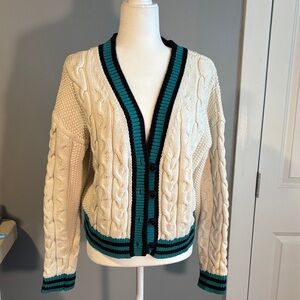 Anthropologie Cream and Black Cable Knit Cardigan with Teal Accents